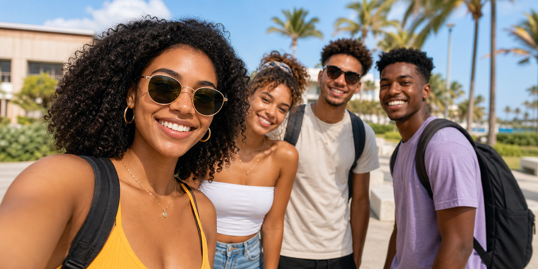 Groupe d'amis profitant d'un coucher de soleil en Martinique